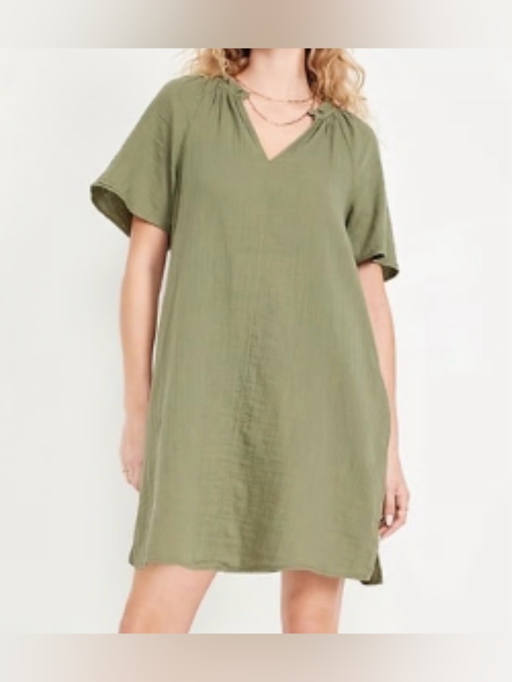 Old Navy Crinkle Gauze Green V-Neck Short Sleeve Mini Swing Dress - 100% cotton